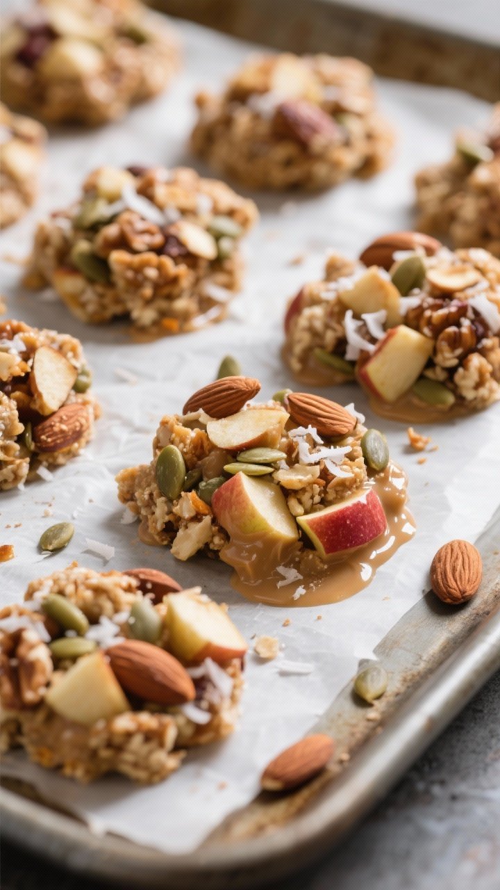 Close-up detail shot of set, no-bake apple trail mix clusters on a parchment-lined sheet pan just af