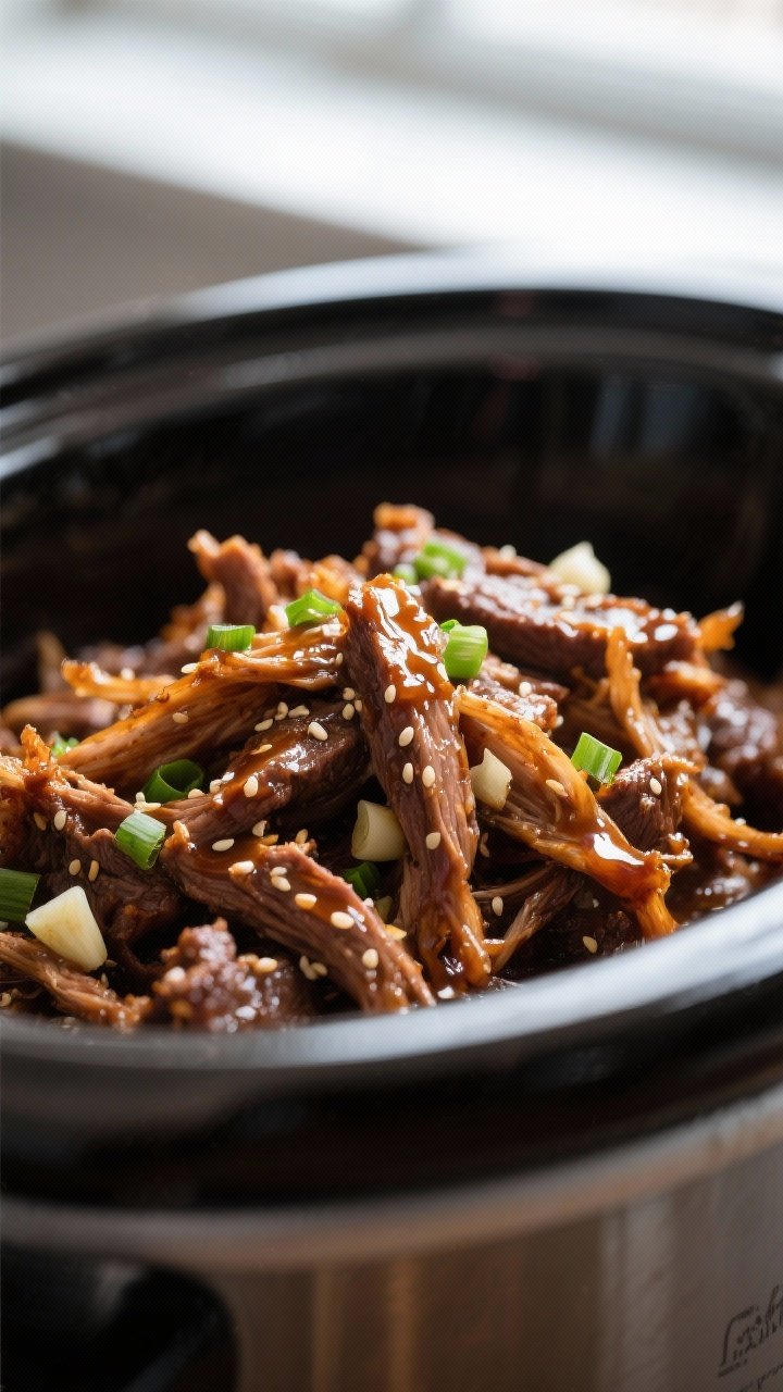 Close-up detail shot of shredded honey garlic beef freshly tossed back into the crockpot with thick,