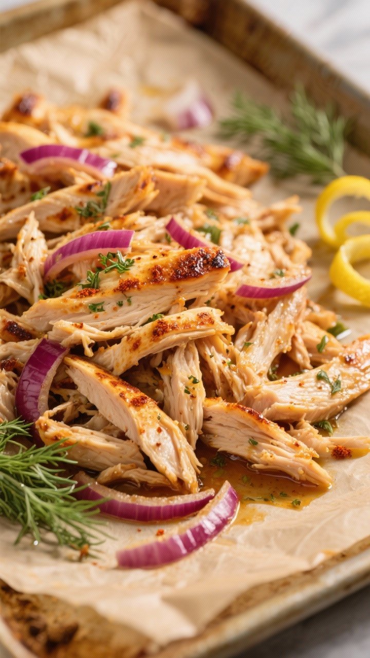 Close-up detail shot of shredded slow-cooker chicken gyros meat just after the optional broil: juicy