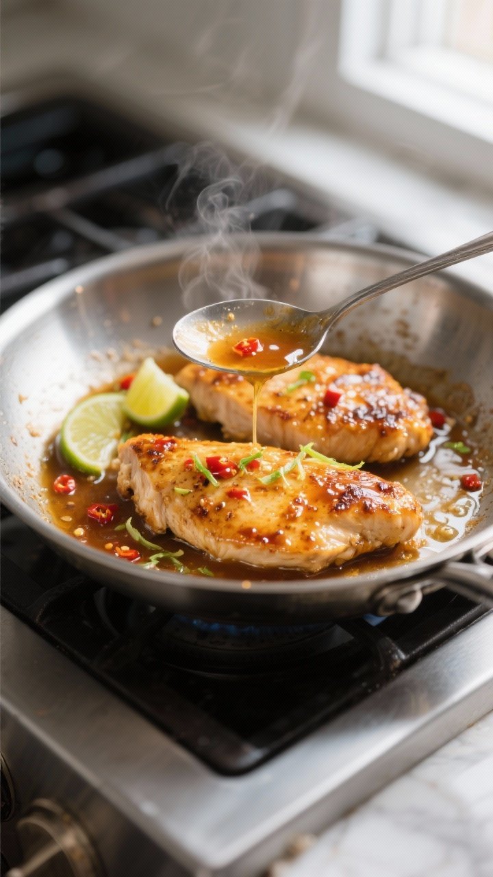 Close-up detail shot: Sear-and-glaze moment in a stainless steel skillet—golden-brown chicken cutl