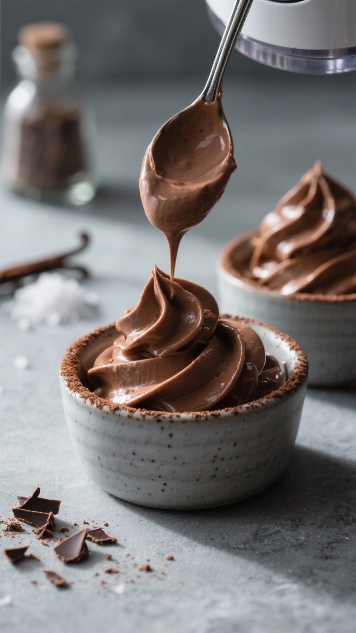 Close-up detail shot: Silky avocado chocolate mousse being spooned from a blender into small matte-c