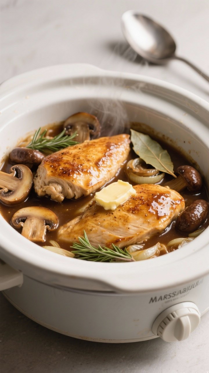 Close-up detail shot: Tender seared chicken breasts nestled in a glossy mushroom Marsala sauce insid