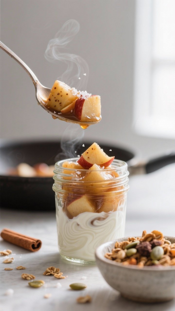 Close-up detail shot: Warm cinnamon-spiced apple compote just off the skillet being spooned over a l