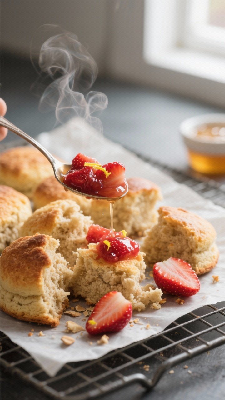 Close-up detail shot: Warm, freshly baked shortcake mounds broken into bite-size chunks on a parchme