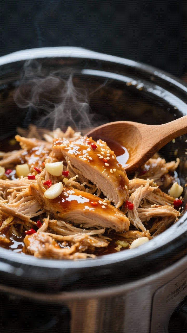 Close-up detail: Slow Cooker Honey Garlic Chicken just after shredding and tossing back in the gloss