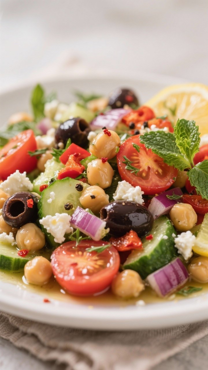 Close-up detail: Tossed Mediterranean Chickpea Salad glistening with lemon-garlic-oregano dressing, 