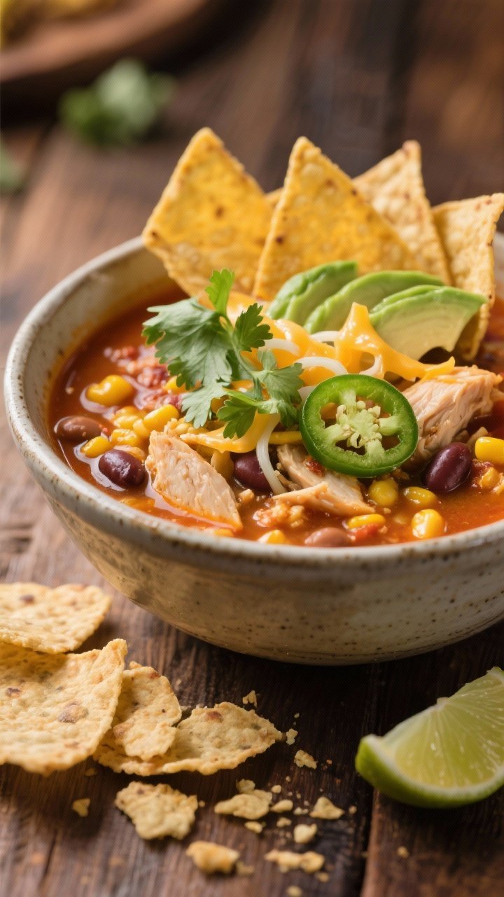 Close-up final bowl of Chicken Tortilla Soup, beautifully plated: deep ceramic bowl filled to the br