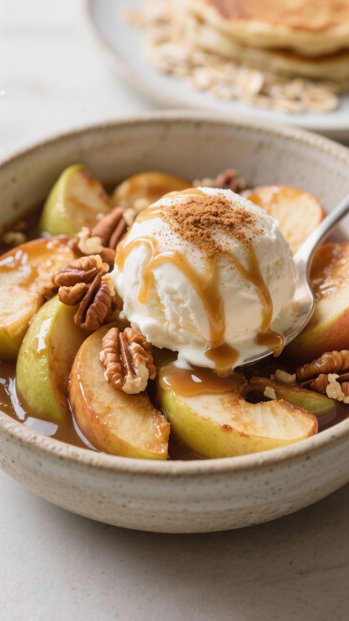 Close-up final serving of baked cinnamon apples in a shallow stoneware bowl: spooned over a melting