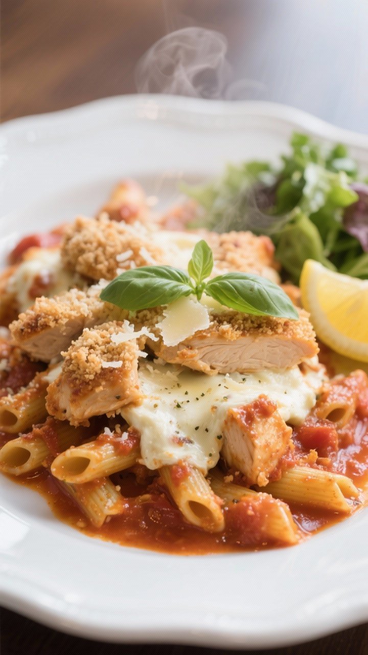 Close-up, of a plated serving of the casserole on a white rimmed plate, showcasing creamy tomato-ric