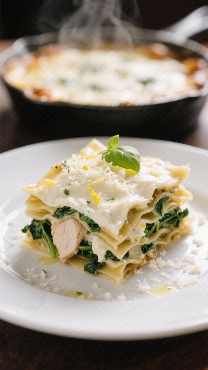 Close-up, of a plated slice of creamy white chicken and spinach lasagna on a simple white plate, lay