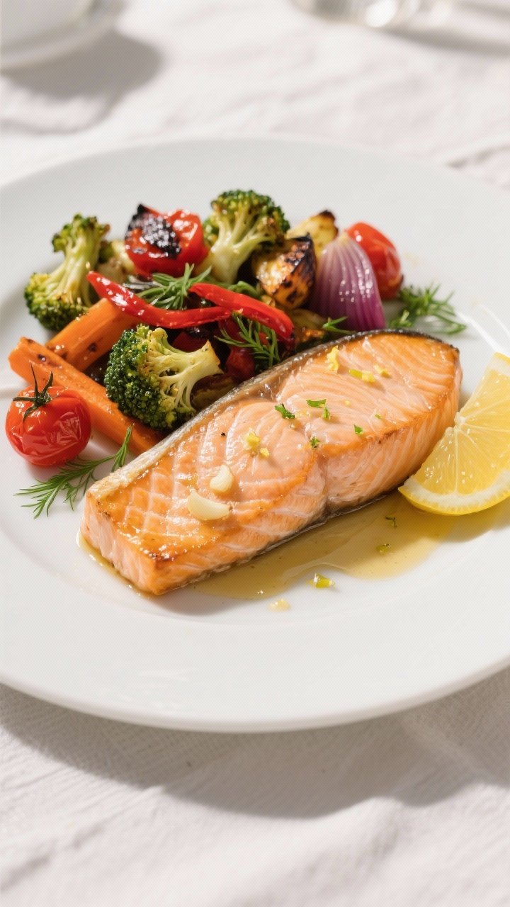 Close-up plated final dish: a single salmon fillet, flaky and moist at the center (medium doneness),