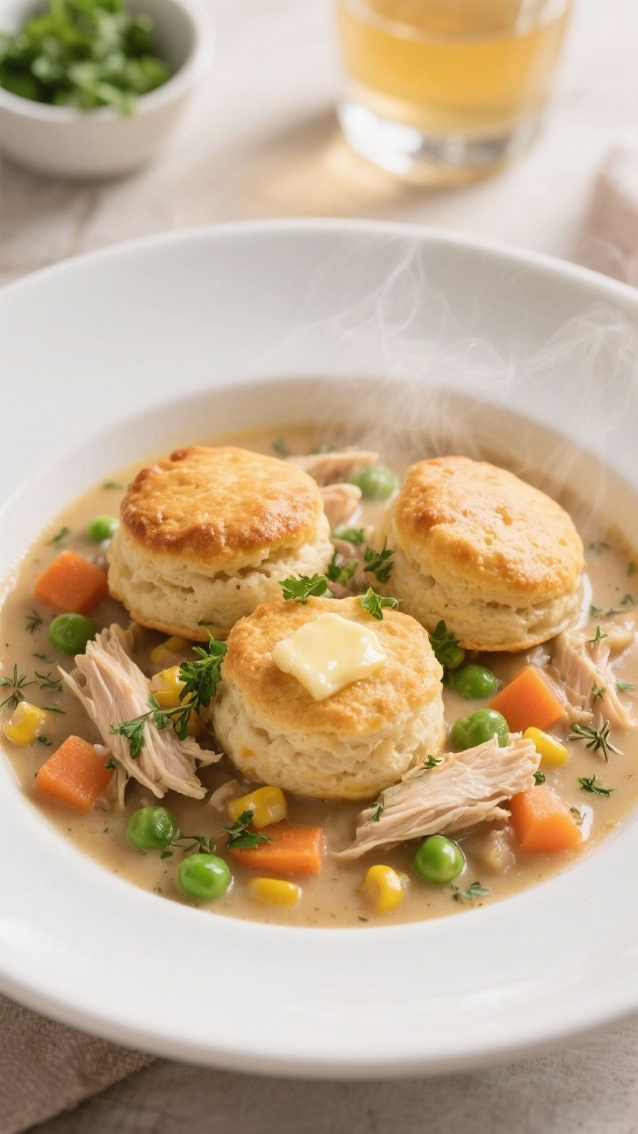 Close-up plated final dish: a wide, shallow white bowl filled with the thick, creamy chicken stew to