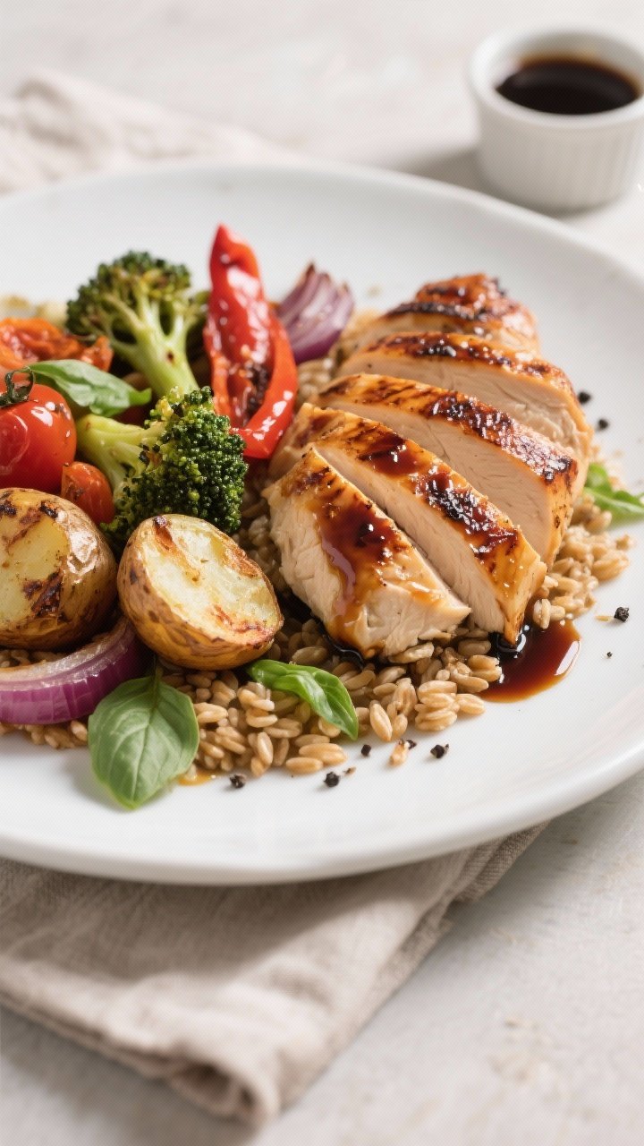 Close-up plated final dish of Sheet Pan Balsamic Chicken & Veggies: sliced, juicy chicken breast wit