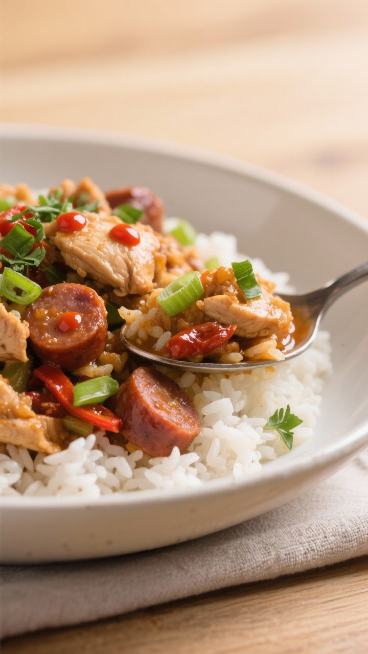 Close-up plated final dish: spoonful of chicken jambalaya piled over fluffy white rice in a shallow 