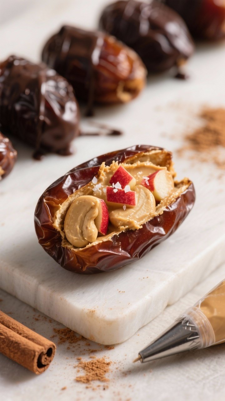 Close-up process detail of a single date being neatly filled on a board: a hinged Medjool date opene