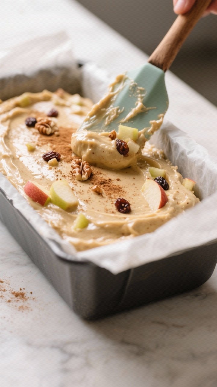 Close-up process detail of a thick, spreadable batter being smoothed into a parchment-lined loaf pan