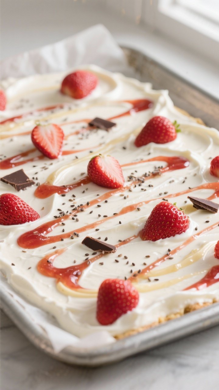 Close-up process detail of the yogurt layer just spread evenly on a parchment-lined rimmed baking sh