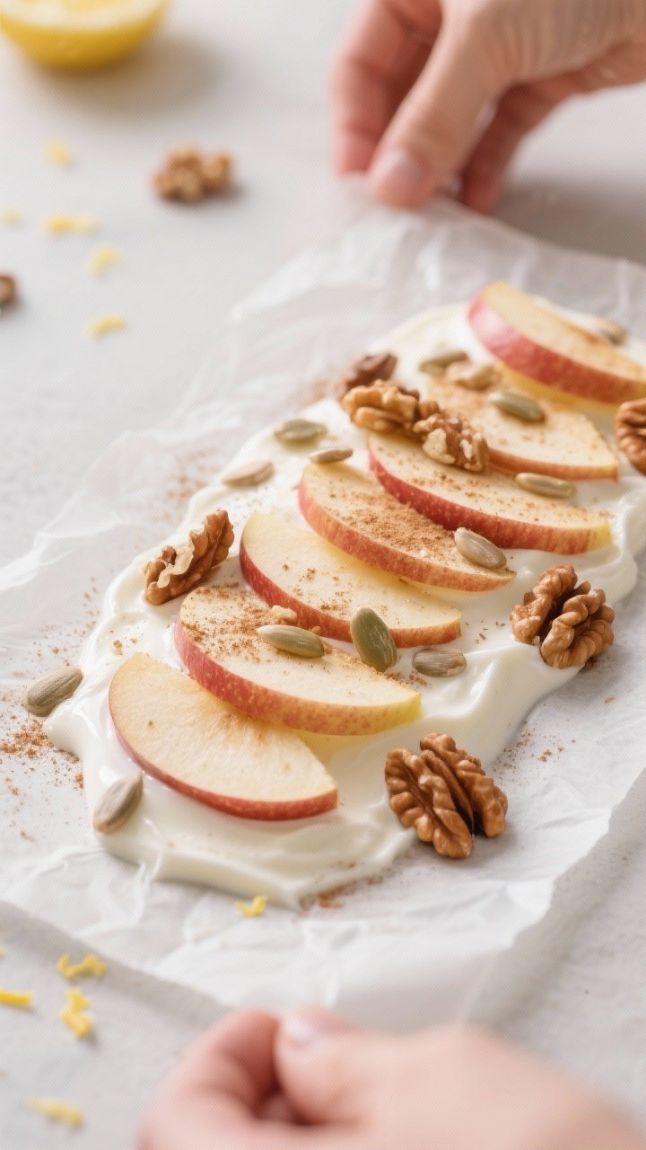 Close-up process detail of the yogurt layer just spread to 1/4-inch thickness on parchment, with app