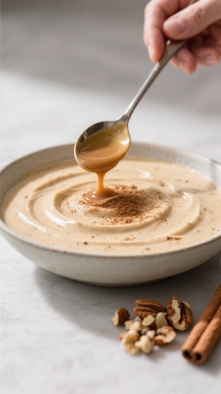 Close-up, process-focused detail of the blended base being smoothed in a bowl with a spoon to show t