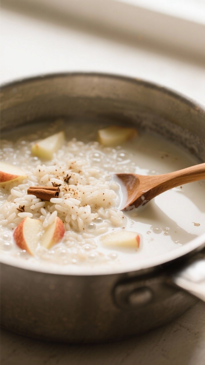 Close-up process shot: Dairy-free apple cinnamon rice pudding simmering gently in a heavy-bottomed s