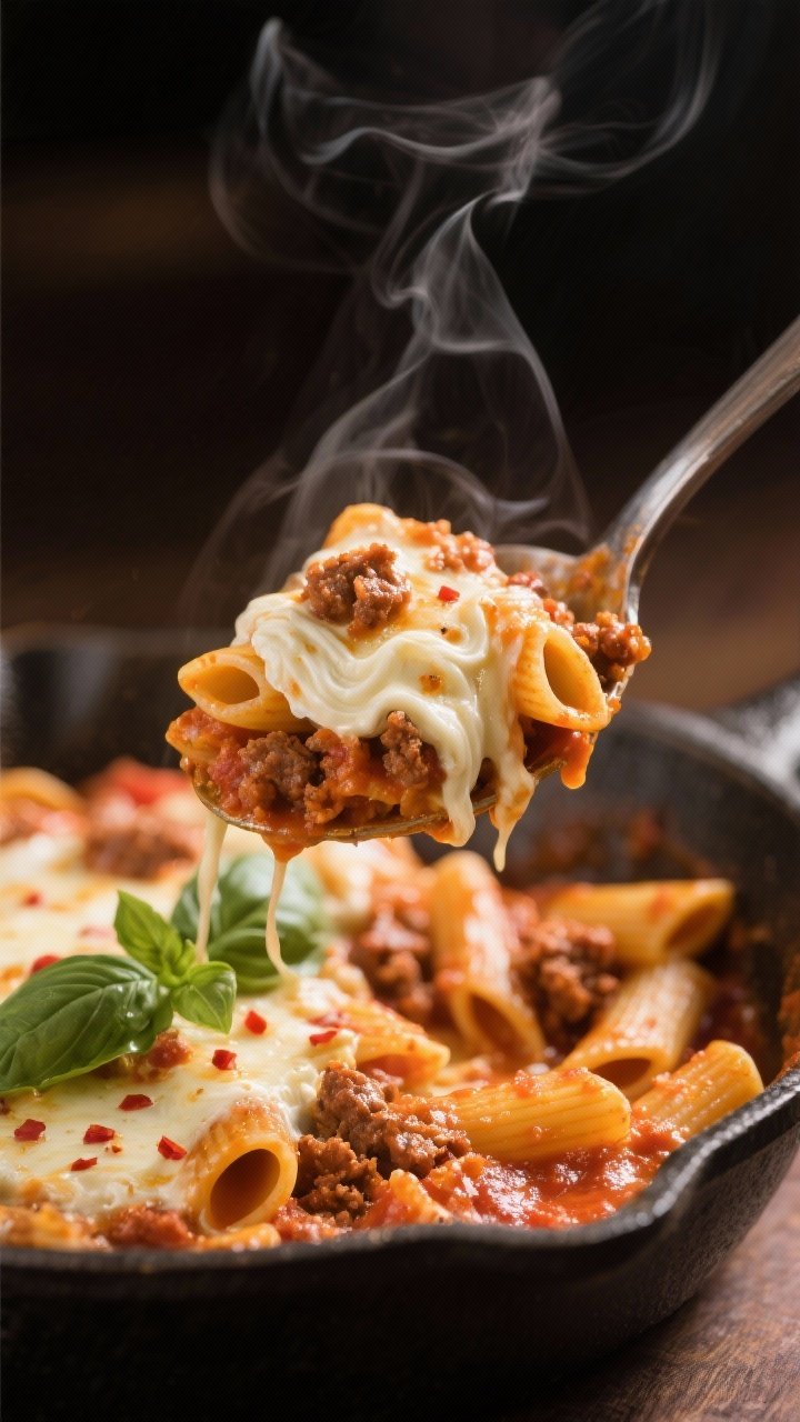 Close-up process shot of a serving spoon lifting a generous scoop of the ziti from the pan, capturin