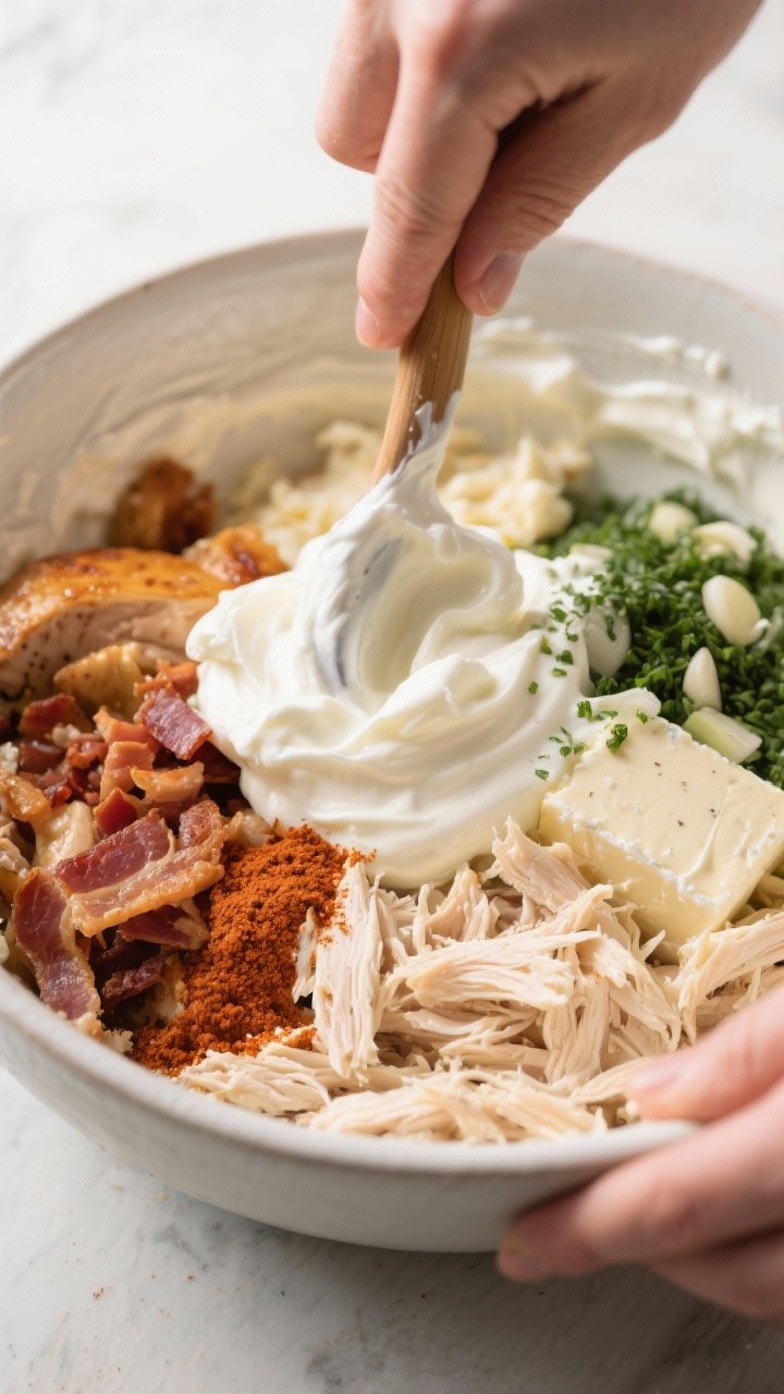 Close-up process shot of the creamy base being folded together in a large bowl: shredded rotisserie 