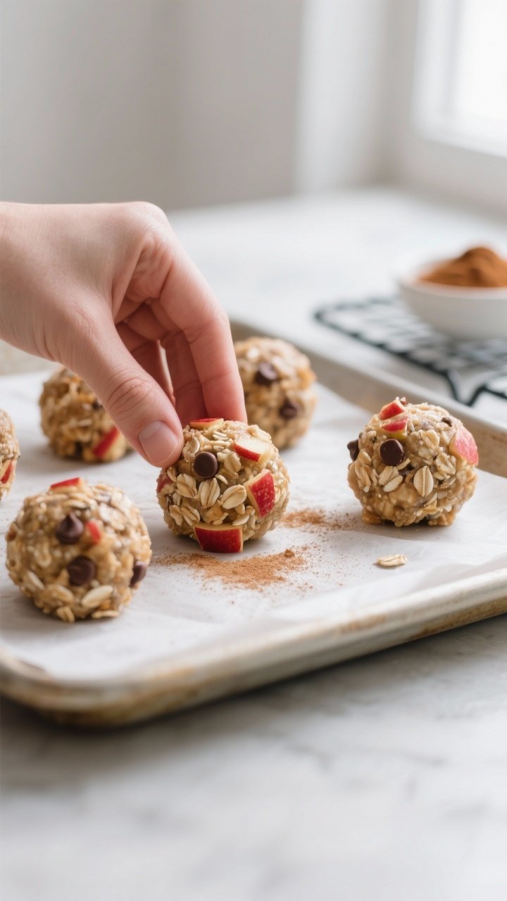 Close-up process shot: Walnut-sized no-bake apple energy bites being hand-rolled into smooth, cohesi