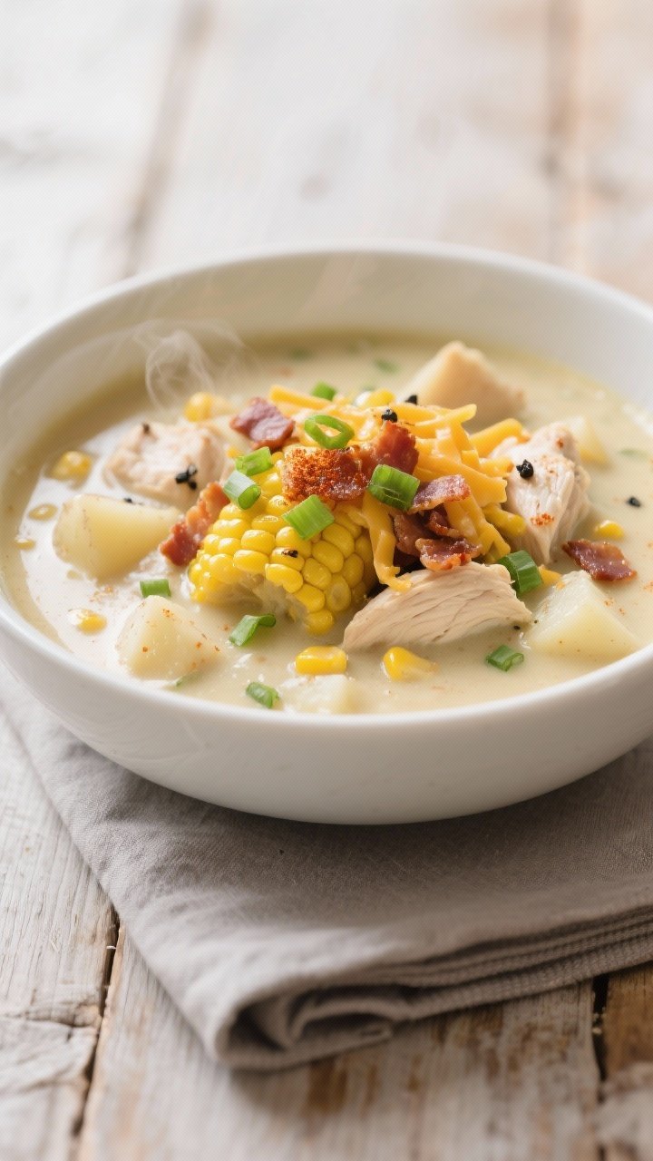 Close-up, restaurant-quality plated bowl of finished creamy corn and chicken chowder, shot at a 45-d