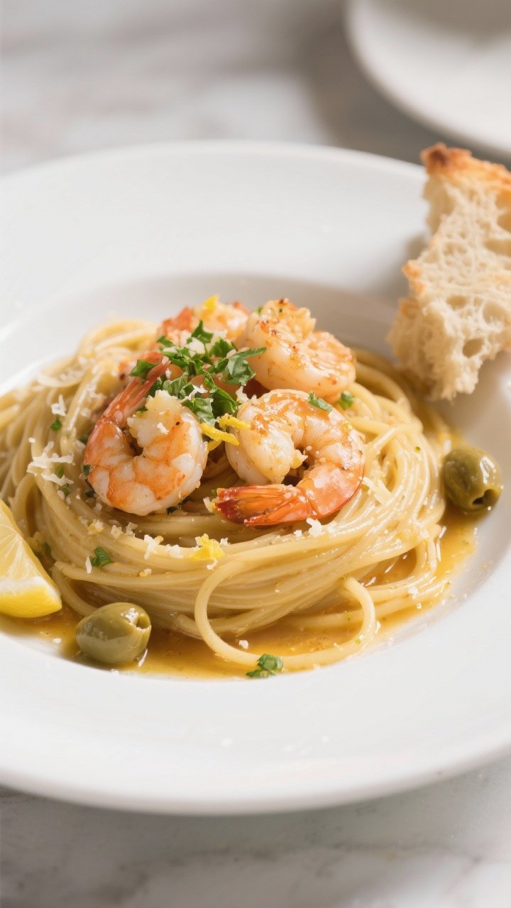 Close-up, restaurant-quality plated final dish: linguine twirled into a neat nest topped with juicy 