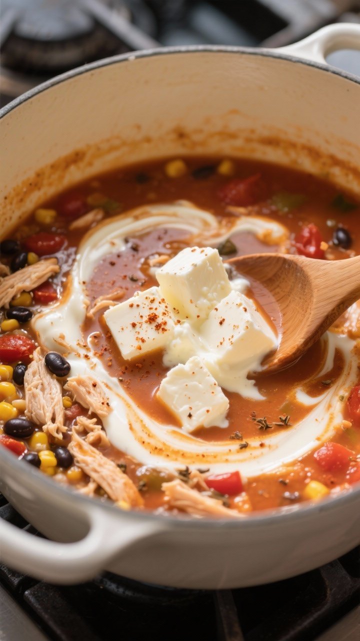 Close-up, shallow–depth-of-field cooking process shot: cream cheese cubes melting into the simmere