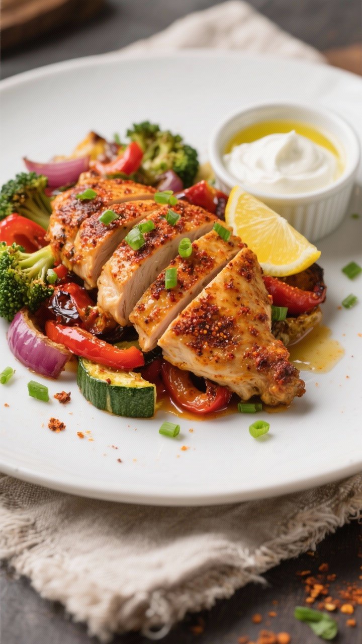Close-up, shallow depth-of-field plated final dish: sliced Cajun-spiced chicken thighs fanned over a