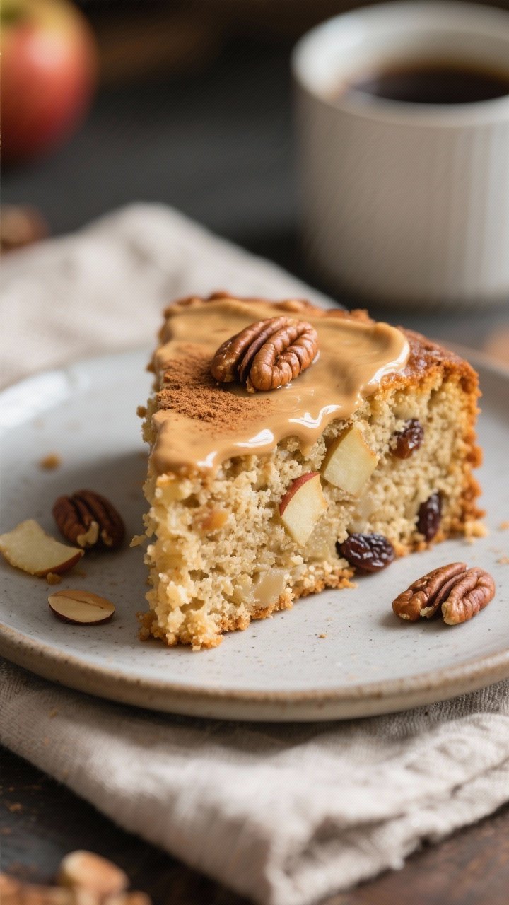 Close-up slice of the vegan apple cake plated on a matte ceramic dessert plate, showing a tender, we