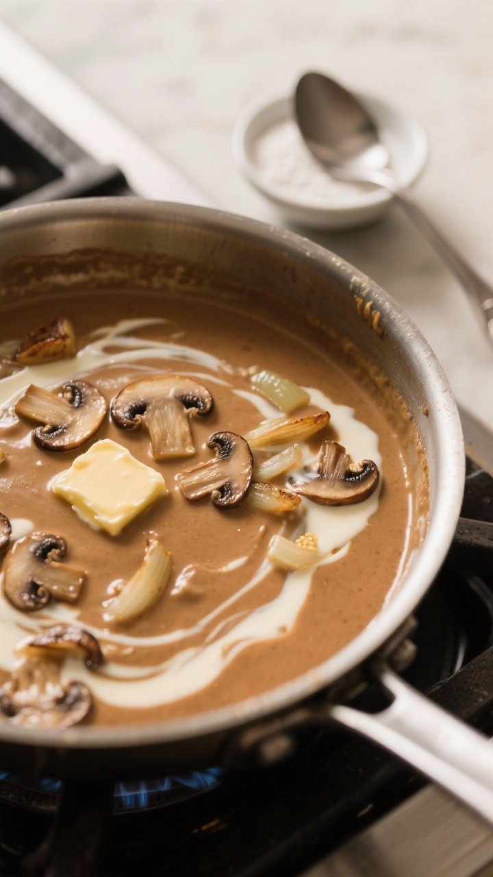 Close-up, three-quarter angle cooking process shot: thickened Marsala sauce being finished in a sauc