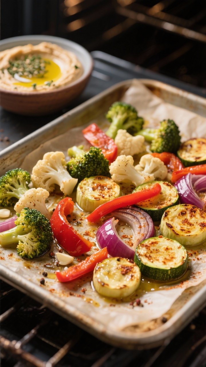 Close-up, three-quarter angle of the roasting stage: a parchment-lined sheet pan of seasoned vegetab