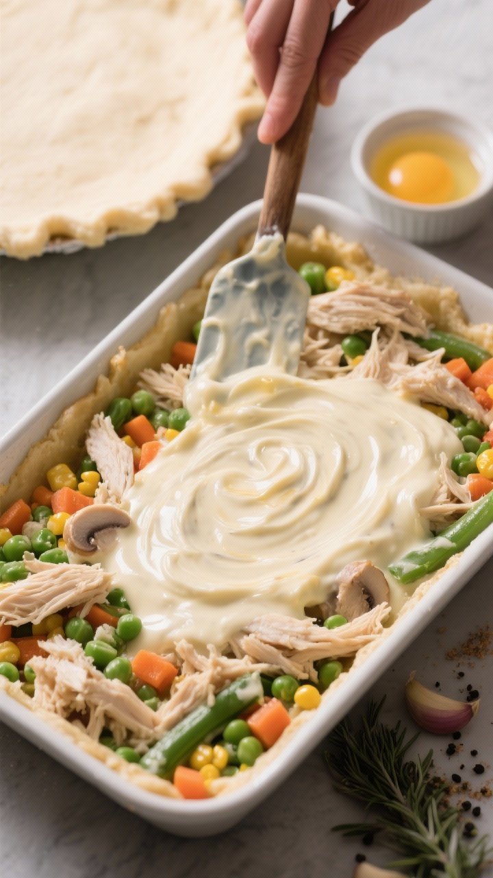 Close-up, three-quarter angle process shot of the creamy filling being smoothed in a 9x13-inch bakin