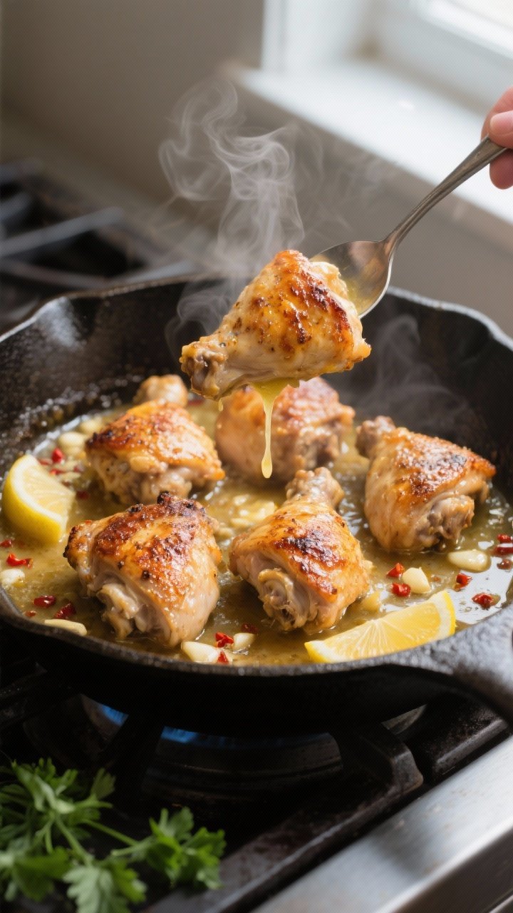 Cooking process: Cast-iron skillet on stovetop with 4–5 bone-in, skin-on chicken thighs seared ski