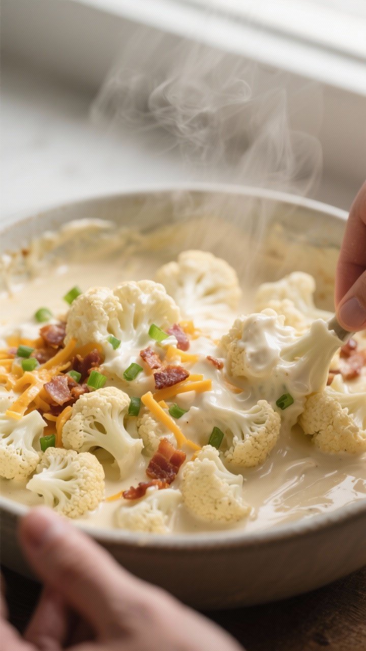 Cooking process — Cauliflower bake being assembled: close-up of tender, steamed cauliflower floret