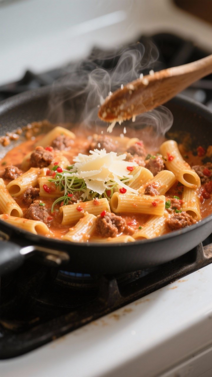 Cooking process close-up: A deep skillet of simmering creamy Italian sausage pasta at the “make it