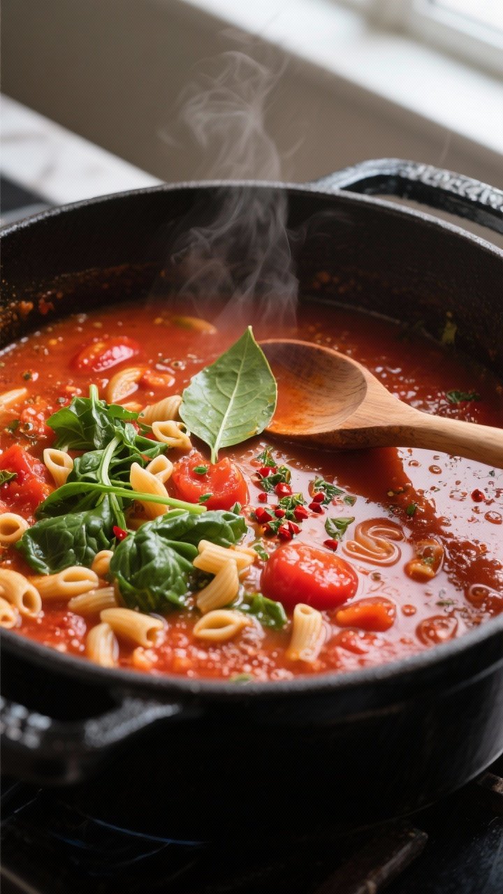 Cooking process close-up: A deep, tomato-rich Florentine soup simmering in a matte black Dutch oven,