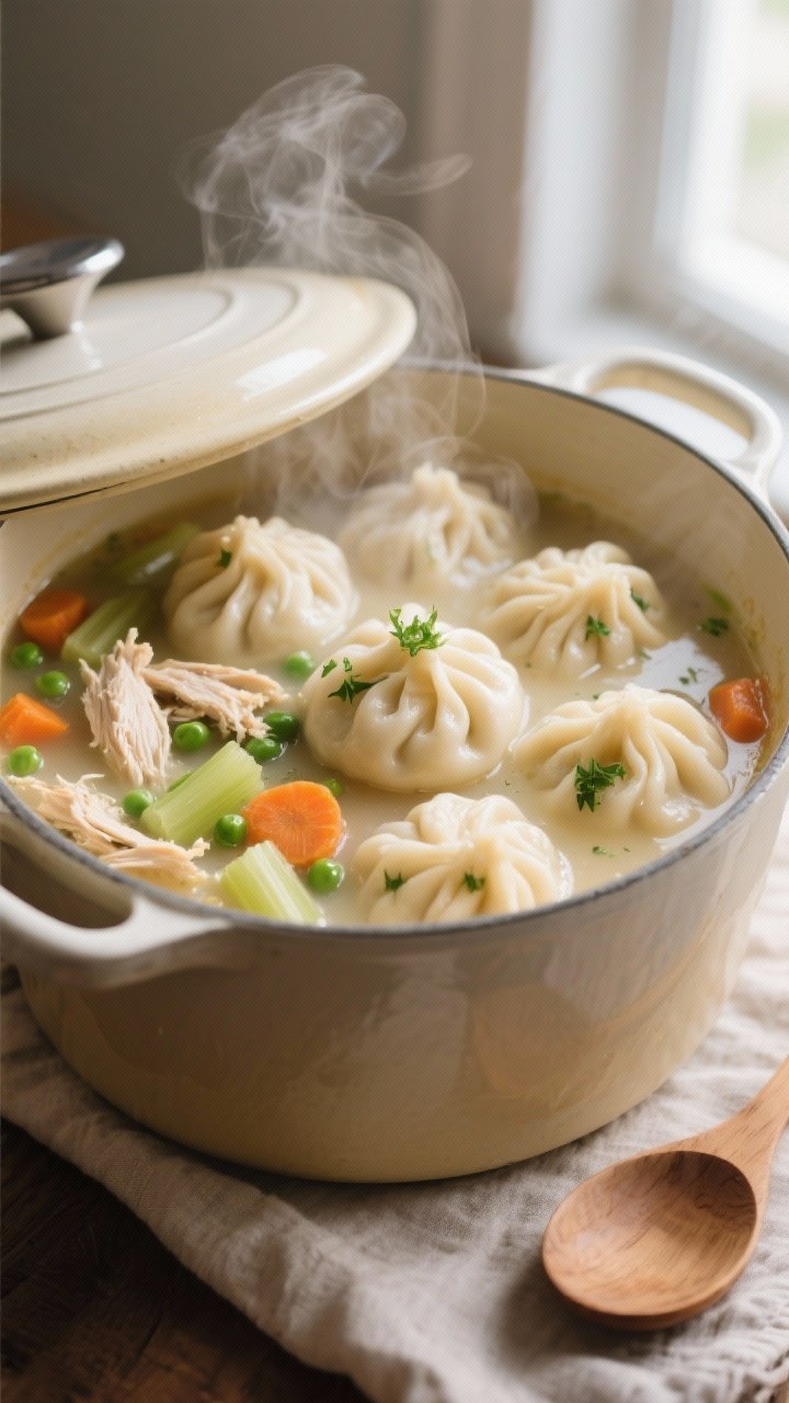 Cooking process close-up: A Dutch oven at a gentle simmer with fluffy dumplings steaming on top of c