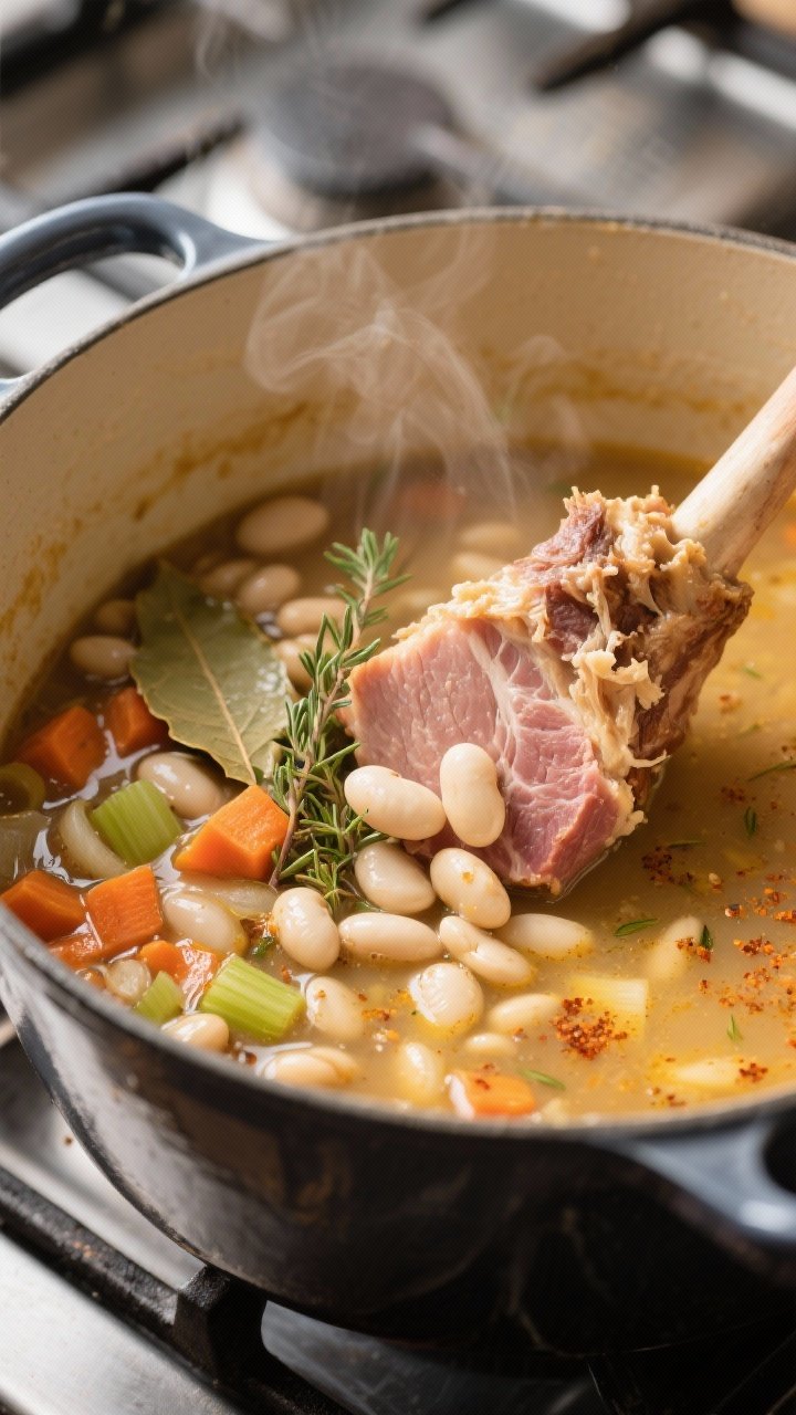Cooking process close-up: A Dutch oven at a gentle simmer with ham and bean soup mid-cook—tender w