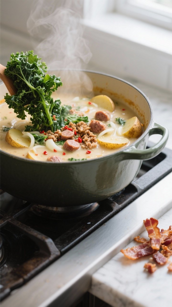 Cooking process close-up: A Dutch oven on the stovetop with Zuppa Toscana simmering; golden-browned 