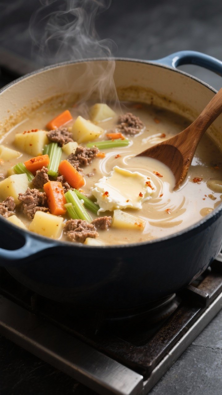 Cooking process close-up: A Dutch oven on the stovetop with the soup at a gentle simmer after the ro