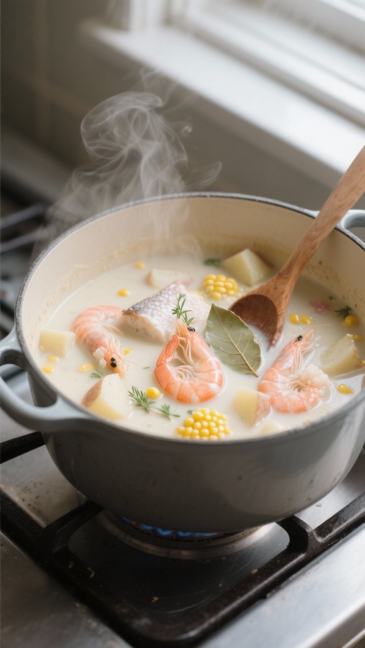 Cooking process close-up: A heavy pot on the stove with seafood chowder gently simmering after dairy