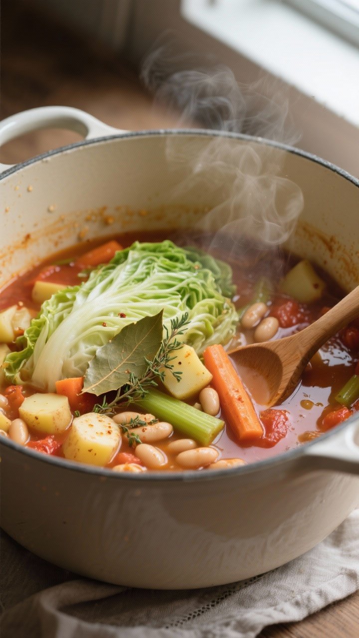 Cooking process close-up: A large enameled Dutch oven at a gentle simmer, showing tender ribbons of 