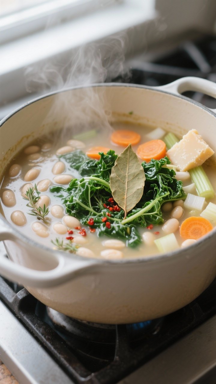 Cooking process close-up: A large enameled pot at a gentle simmer with white bean and kale soup in p