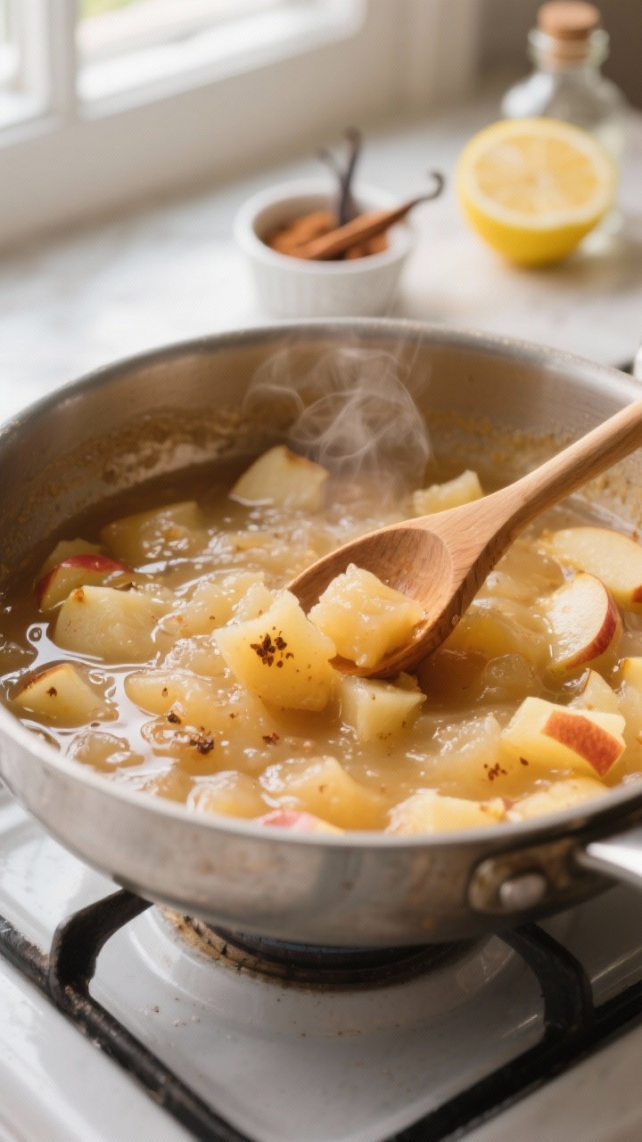 Cooking process close-up: A medium saucepan of naturally sweetened applesauce mid-simmer, apples ful