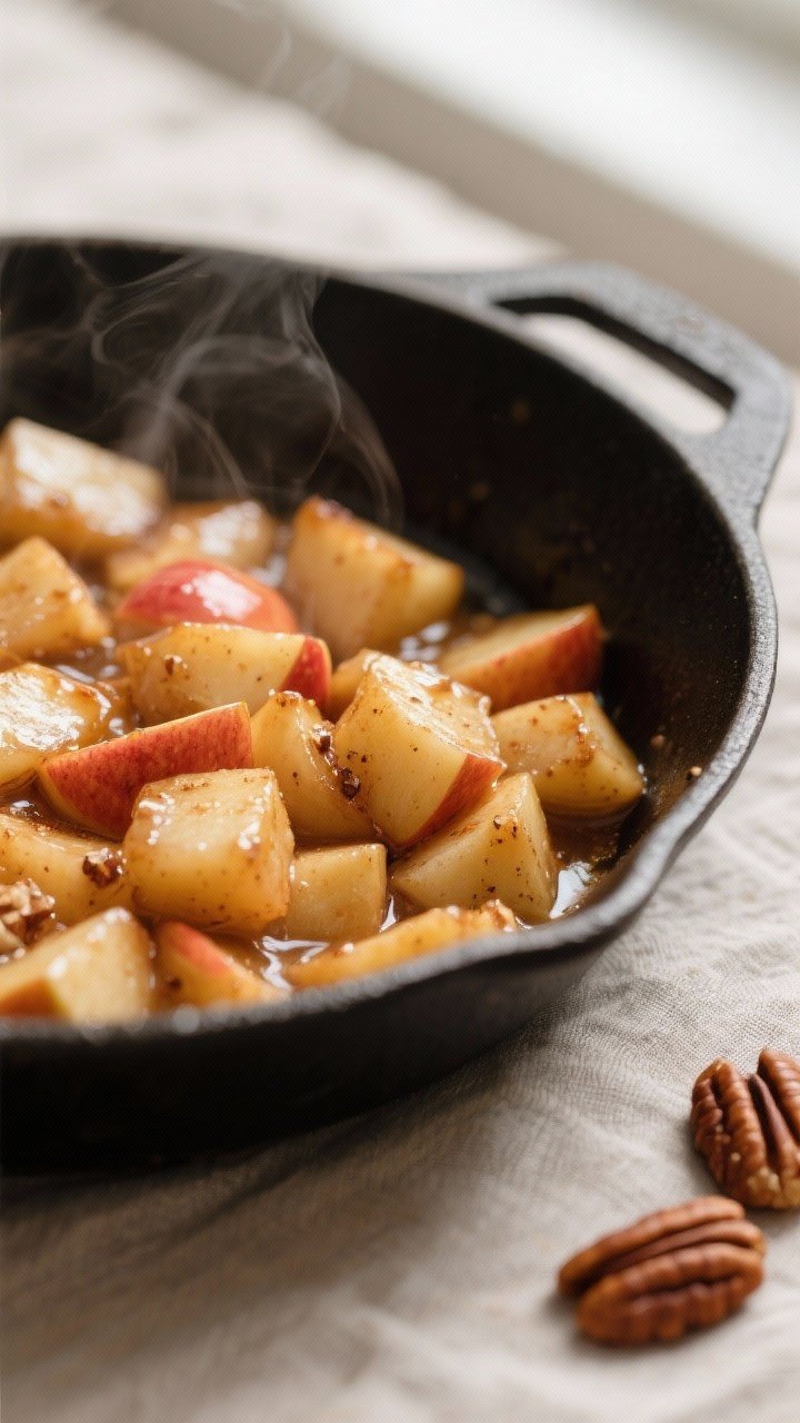 Cooking process close-up: A shallow depth-of-field shot of glossy, cinnamon-stewed apple topping fin