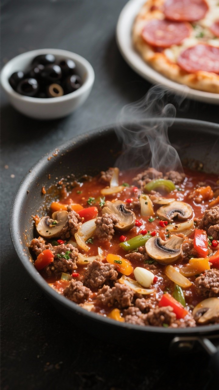 Cooking process close-up: A sizzling skillet scene of the low-carb pizza casserole base just after s
