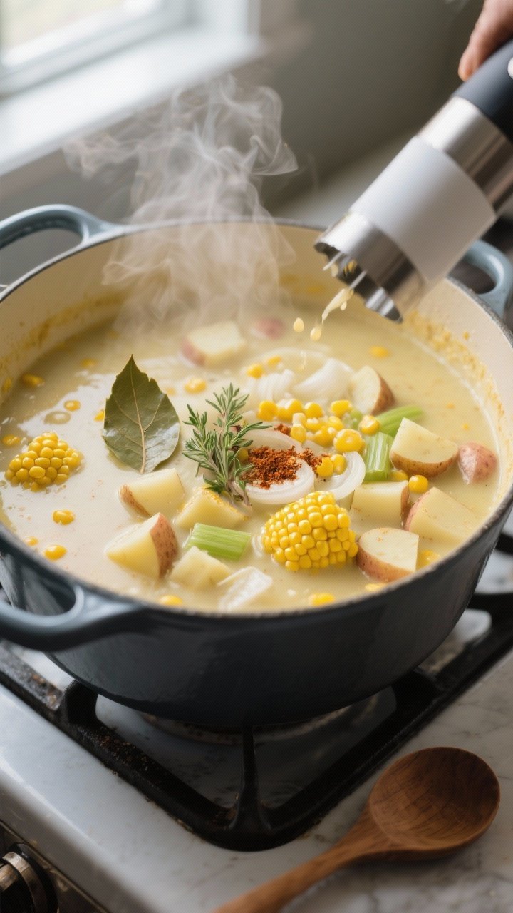 Cooking process close-up: A steaming Dutch oven of corn chowder mid-simmer, showing tender diced Yuk